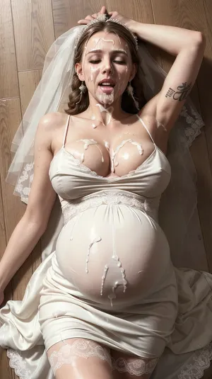 A woman lies on the back, exhausted after a wedding party, with her body covered in sweat and used condoms. Her expression is one of deep vaginal insertion during sex. She has perfect hand and fingers, with C cup breasts and a thin waist