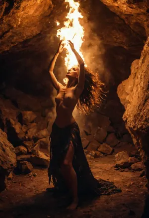 Una joven bruja medio desnuda bailó un baile salvaje en la cueva profunda iluminada sólo por la luz débil de un fuego, su cuerpo torcido y girado mientras se movía al ritmo de una música imaginaria. Sus ojos estaban cerrados, perdidos en el tran