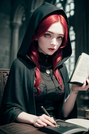 In a dark Gothic castle, a woman with long red hair and beautiful detailed eyes stood in front of a cauldron. She was wearing a black magic cloak and holding a photorealistic portrait of Harry Potter. With her expert knowledge of Dark Magic
