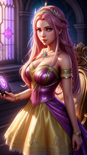 The girl in the dress with tiara on her head and video game title below was sitting at her computer, surrounded by a fantasy art background. She was playing a game that involved drawing pictures of princesses in various settings, such as castles and