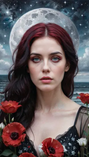 woman, atmospheric oil painting of a hyper-real portrait of a hauntingly beautiful pale pastel crimson and black hair, sky goddess with huge watery eyes sorrow, red black and white flowers and crystalline structures photo-real pastel galaxy stars, <lora:ClassipeintXL2.0:.5>