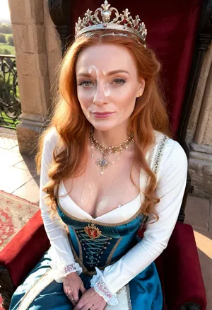 Em um cenário de estilo medieval, uma mulher branca de 40 anos senta-se em seu trono, cercada por seus súditos. Ela usa um vestido elaborado com jóias adornando seu pescoço e pulsos. A cara dela é dura e séria, com