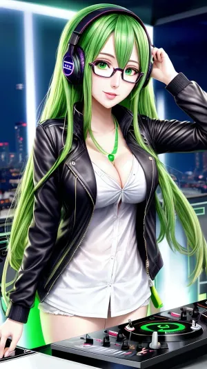 The AI generated a picture of a girl DJ with headphones and the highest image quality. The girl has dark green hair and glasses, which make her look delirious. She is wearing ultra-detailed CG wallpaper that looks incredibly detailed. Her