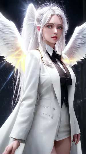 The girl with the white hair and yellow eyes stood before him, her halo angel wings glowing in the dim light. She held a black tie in one hand and a white shirt in the other, as if she were about to change into something else