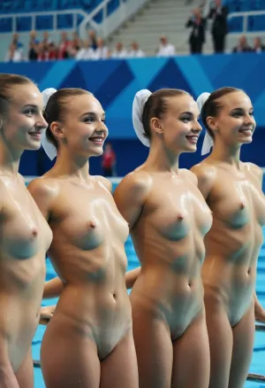 동기화 된 수영 러시아 팀, 그들의 아름다운 머리 buns 및 높은 품질의 사진, 올림픽 게임 의식에 영광. 그들은 명예의 사다리에 있었다, 전문 사진 작가의 플래시와