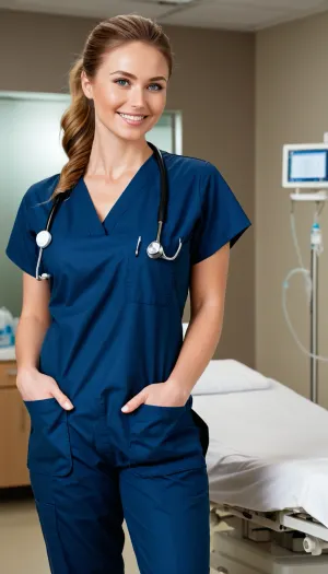 The woman, a 21-year-old nurse with blue eyes and thin arms, stood tall in the hospital room. Her waist was slim and her face was round with high cheekbones. She had full breasts that were covered by a navy scrub pants