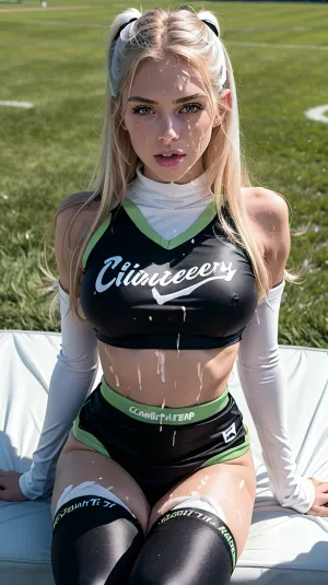 Une femme avec le corps et le visage parfait couvert de logos de football américain se tient sur un champ couvert de sperme. Son bandeau a le mot "CUM" écrit dessus en police parfaite