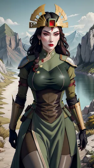 绿眼和妆的女人在山前拿着自己的照片. 她戴着红口红 黑手套 和地址 她的中性表达被AI生成的文本"woman with