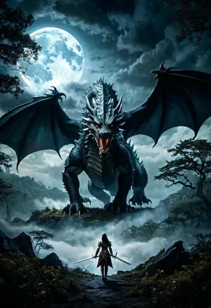 La donna con la spada camminava attraverso il legno scuro, i suoi occhi fissi sul drago massiccio di fronte a lei. Era pronta per la battaglia, la sua spada pronta. Mentre si avvicinava, poteva vedere che era una notte di luna piena e