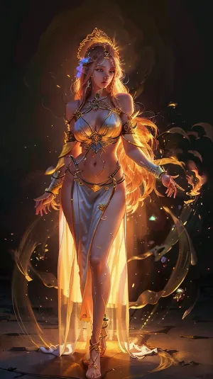 woman, ancient temple, slim priestess on fire, (slim body), slim waist, headgear, clothes, perfect skin, (8k, RAW photo, best quality, masterpiece:1.2), (realistic, photo-realistic:1.4), full body, professional lighting, photon mapping, radiosity, physically-based rendering, <lora:AngelicWarriors_v1:1>, <lora:on_fire10:.5>