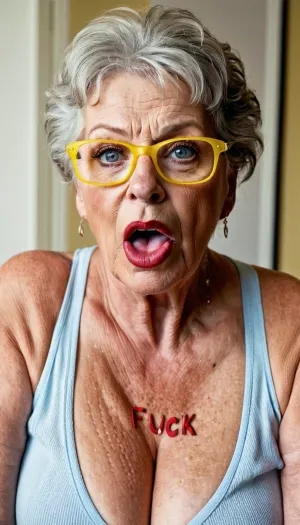 The woman in the picture is 65 years old, with big blue eyes and a sharp focus. She has a granny-like upper body, big breasts, and squinting eyes. Her nose piercing is visible as she squints her eyes in