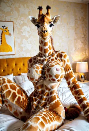 一个长颈鹿般的毛发和大乳房的女人在床上摆姿势,身着黄色和白色的毛,长颈,重妆,还有一张AI生成的雌性在床上摆姿势的巨大照片