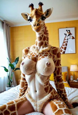 穿着毛茸茸的长颈鹿服装的女子,在床上摆放着大乳头和长颈毛,身着重妆和巨乳. 照片是用一件毛衣拍的 显示她令人印象深刻的资产