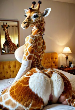 一个穿着毛茸茸的长颈鹿服装的女人为一幅带有她巨大的乳房和小时玻璃像的照片而摆姿势,使她看起来像一个AI产生的bimbo. 她穿着一件毛衣 让她看起来像人工智能生成的