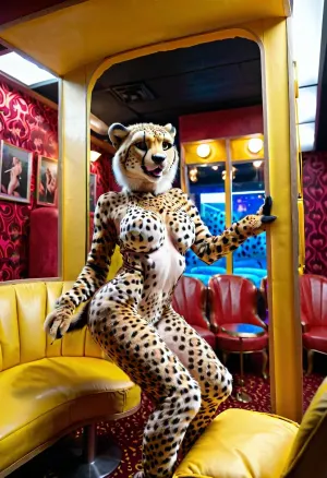 Eine furry cheetah weibliche Tänzerin in einem Peep Show Stand mit einem Menschen beobachten hinter dem Fenster sitzend in einem Stuhl und rucken ab. Sie hat gelbes und weißes Fell, langen Hals, schweres Make-up, gigantische Titten, bimb