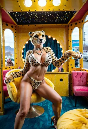 Une danseuse de guépard à fourrure dans une cabine de spectacle avec un homme qui regarde derrière la fenêtre assis dans une chaise et qui se branle. Elle a la fourrure jaune et blanche, long cou, maquillage lourd, seins gigantesques, bimbo