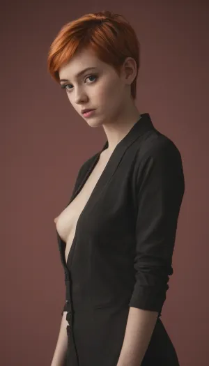 La fille dans la photo avait une coupe de pixie, corps plein visible, cheveux de gingembre. Elle portait une courte robe rouge avec collants noirs et bottes noires. Son visage était couvert de rousseurs et ses yeux étaient vert vif. Elle a regardé
