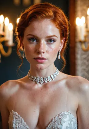 masterpiece, best quality, highres, redhead, ginger, skinny, (depth of field:1.1), freckles, (beautifully detailed eyes), pixie cut, bride, wedding dress, (topless), (perfect tits), (horny look), (diamond earrings), (diamond choker), no bra, no panties, red eyes, <lora:skirtliftTheAstonishing_skirtliftv1:.8>