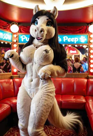 woman, ((furry horse female dancing in a peep show booth)), brown fur, black mane, black tail, heavy makeup, gigantic tits, bimbo, hourglass figure, fursuit, bmbplora, <lora:FursuitXL:.5>, <lora:bimboxl_02:.5>
