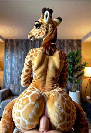 Женщина с шерстяными ушами и бешеным хвостом ехала по собачьи взрослых людей, которые были в желтом и коричневом меховом костюме. Ее долгая шея растянулась, когда она ехал по собачьи взрослых людей, которые