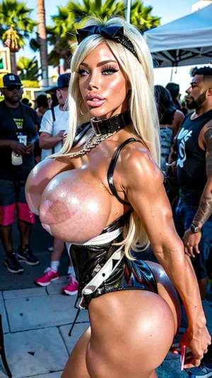 A young adult girl with blonde hair, blue eyes, and a slim waist posed for a PIT-Erotic-style cosplay photo shoot in the courtyard of an outdoor venue. She wore a tight bikini top and short shorts that showed off her