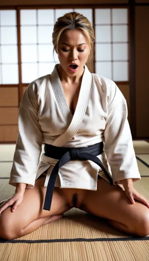 woman, Torn Judogi, tatami, full body, , (exposed vagina), closed eyes, wide open mouth, screaming, afraid, spreading legs, sitting, giant boobs, spreading thighs,  Asian blond braid, (showing vagina)