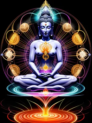 Une bodhisatva, créée à partir d'énergie pure, était un être radieux et symétrique avec un halo de rayons multicolores autour de sa tête. Son corps était transparent et plein d'énergie pétillante lumineuse, avec des flux de géométrie sacrée jaillissant de