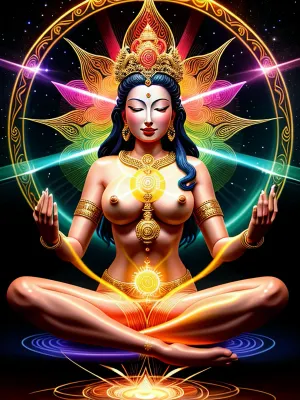La bodhisatva était assise dans une position de lotus, les yeux fermés et les mains reposant sur ses genoux. Son corps rayonnait d'une lumière dorée, et elle était entourée d'un halo de rayons multicolores. Devant elle
