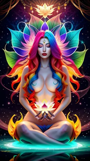 女人的头发是一束闪闪发光的多色灯光,她的双眼集中闭合. 她被光辉的光环包围着 满是光线和火花 她的莲花被雪山覆盖