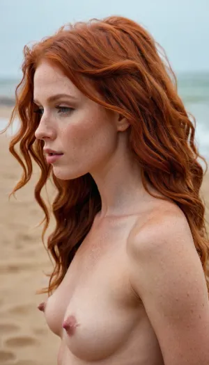 The woman in the photo is wearing a red bikini and standing on the beach with her hands on her hips. Her hair is long and wavy, framing her face perfectly. Her lips are full and pouty, adding to her overall beauty. She