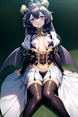 Utena Hiragi, the best quality AI with maximum detail and ultra-detailed picture, sat under a little tree in a park. She had a purple skirt, white nail polish, and little horns on her forehead. Her eyes were tired and