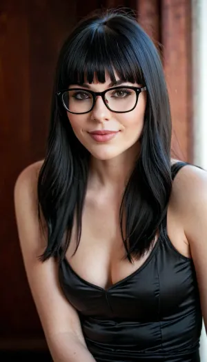 Une femme avec un appareil photo DSLR capture une image parfaite d'une goth femme avec des lunettes carrées hipster et un appareil photo 8k uhd. La photo montre sa vue complète du corps avec un décolleté parfait, pont droit du nez, lunettes pointues, noir