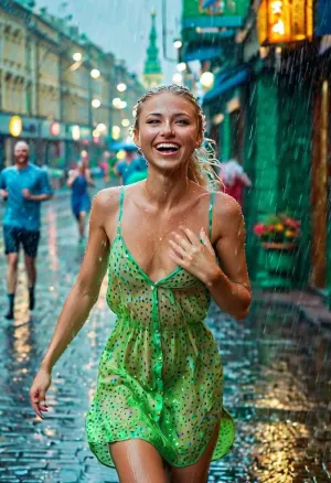 The woman with the long blonde hair and blue eyes was running down Moscow street in her summer cotton mini sundress, laughing merrily as she ran. Her nipples were poking through her thin waist, and her triangle face was round and