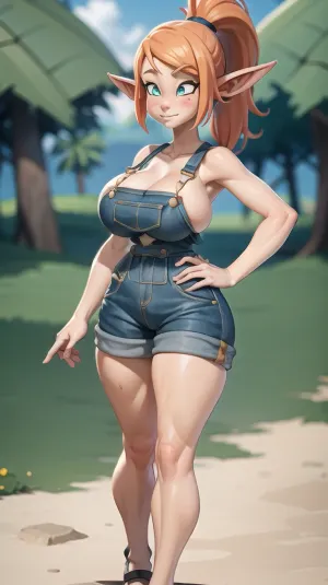 woman, (8k uhd, masterpiece, best quality, high quality, absurdres, ultra-detailed, detailed background, vibrant colors), solo, ginger, red haired, blush, elf, (Perfect hands:1), (symmetrical eyes:1), (detailed person:.8), blue eyes, pointy ears, (giant breasts:1.5), front view, freckles, 3DMM, thigh, gap, wide, hips, thin, waist, OverallDetail, mega, ponytail, big, very, <lora:WakfuStyle:.5>, <lora:Evangelynev1:.5>, <lora:lora_perfecteyes_v1_from_v1_160:.5>, <lora:3DMM_V12:.5>, <lora:hipsliderv01:1>, <lora:mega_ponytail-1.0r4:.5>, 1girl, overalls, no, bra, <lora:Overalls:.5>