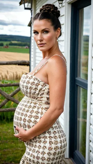 Una mujer impresionante en una cámara Nikon Z8 con una hermosa textura de la piel y una piel mate realista se captura en una foto de alta calidad, mostrando su patio de granja noruega. Su pequeño tamaño 35 cuerpo se puede ver a través de su tapa transparente