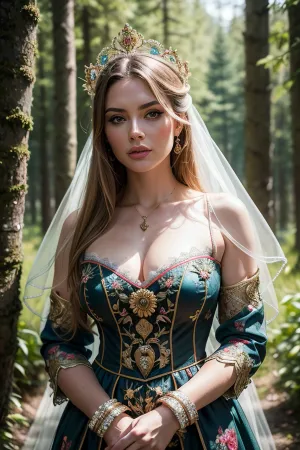 In the heart of the Russian forest, a beautiful woman in a national dress walks gracefully among the birches. The sun shines through the leaves, casting dappled light on her face and hair. She is lost in thought, unaware of