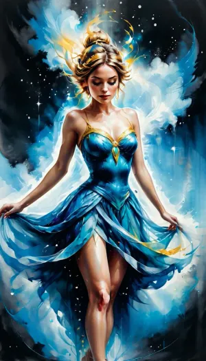 La déesse de l'air, avec ses yeux dorés et son ciel bleu, descendait des nuages comme une déesse de l'air. Sa robe était faite de brouillard, et ses yeux étaient des portails menant au ciel bleu infini