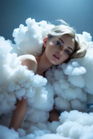 woman, cl0uds, full, body, white, dress, cloud, /long, puffy, stormy, <lora:cl0uds:.5>, <lora:Cutesy4-10:.5>