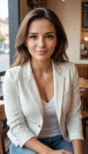 La mujer se sentó en el café, tomando su café y mirando las fotos en su teléfono. Llevaba una camiseta blanca y una chaqueta, que la hacía parecer aún más hermosa. Su cabello largo estaba atado en una cola de caballo,