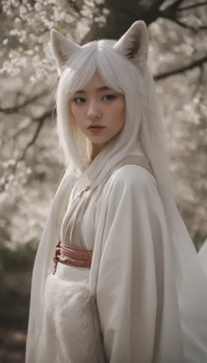 (They look like cute tall girls in Japanese miko costumes dressed up as white foxes.
Her hair is white.There is a sacred atmosphere. stand on an angle. have a halo of light Golden Background seed:563493888)