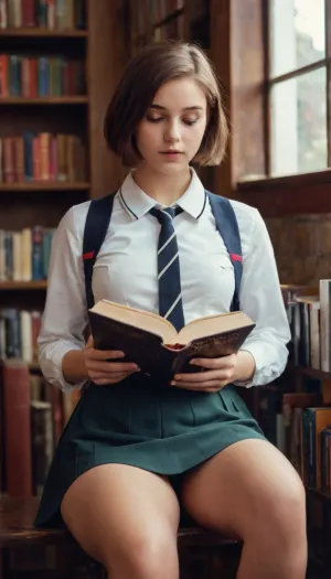 The 18-year-old girl in the school uniform was browsing through the bookshop, lost in thought. She couldn't help but notice the picture on the wall of a beautiful woman with big breasts, medium breasts, and wide hips. She couldn