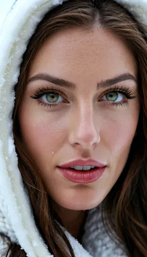 Une femme avec une peau impeccable et des yeux profonds regarde profondément la caméra, captant chaque détail de son visage