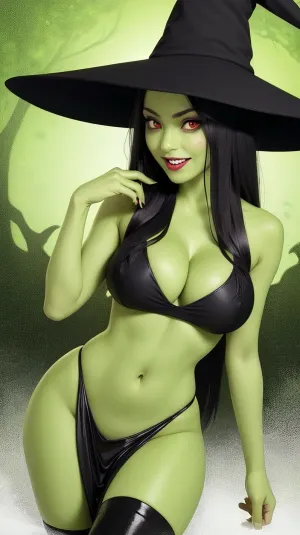 In a world where magic and technology coexist, there lived a woman named Sexy Gruntilda. She had green skin, long black hair, and busty figure. Her dress was red and sexy with a hat that matched her eyes. Despite