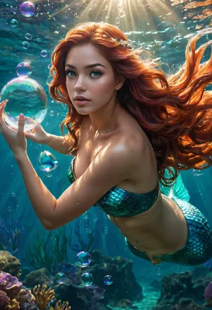 Les yeux de la sirène sont une profonde nuance bleue, reflétant la lumière d'en haut. Ses longs cheveux coulent doucement dans l'eau, et sa peau est lisse et impeccable. Elle porte un luxueux et ultra-détaillé CG unity 8k mur