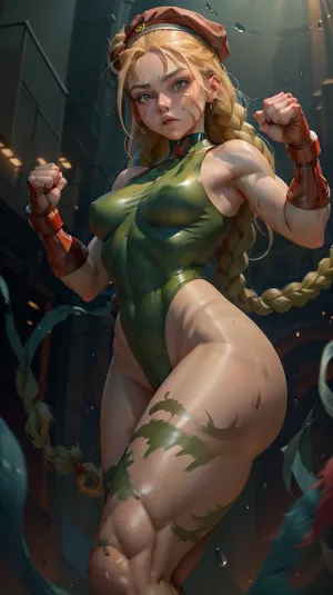La imagen representa una cámara con los brazos arriba y los puños apretados, de pie con las piernas separadas, mirando al espectador completamente revestido con el equipo de camuflaje. Su postura es amplia con sus piernas separadas, mirando al espectador