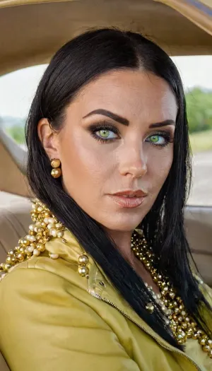 一张35毫米胶片照片,是一位美国职业女性身着青铜色的皮肤,黑色的头发,绿眼睛穿着职业服装,手持相机. 照片是用8K分辨率照成自然光拍摄的