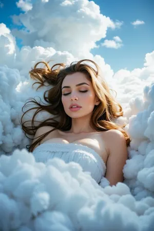 Die Frau im weißen Kleid stand auf dem Balkon und beobachtete den Wolkentanz am Himmel. Sie war voller Körper und Schlaf, aber ihr puffy Kleid im Wind verworfen