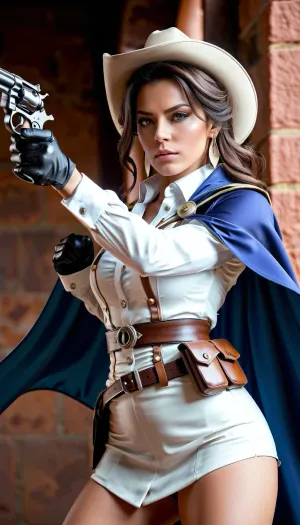 絵の中の女性は、三角帽子、青帽子、白手袋を着ています。 右手でピストルを握り、カメラで狙います。 彼女の左手は彼女のヒップにあり、彼女はアスコットを持っています