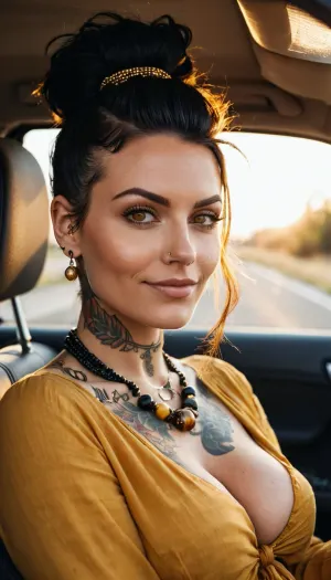 Eine 35-jährige professionelle Frau mit einer großen saggy Brüste, vielen Tattoos und tiefem plunge Ausschnitt posiert für die Kamera mit ihrem Auto im Hintergrund. Sie hat perfekte vibrierende Augen, schwarze stilvolle Frisur, bronzene Tannenhaut,