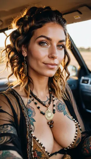 Uma mulher com um rosto tatuado e olhos profundos, vestida com uma roupa Boho Hippy, foi capturada numa fotografia de 8k. Ela tinha seios enormes e estava sorrindo com dentes perfeitos. Seu cabelo longo cascata abaixo dela